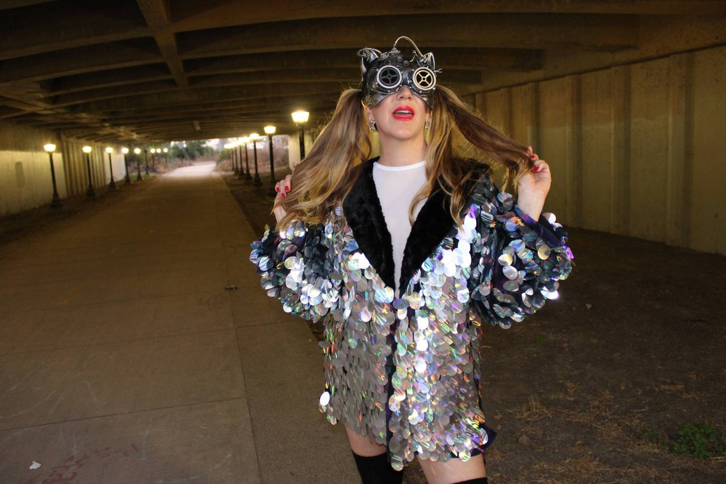 Disco Dreams Silver Iridescent Jumbo Sequin Jacket w/ Faux Fur Collar & Velvet Lining