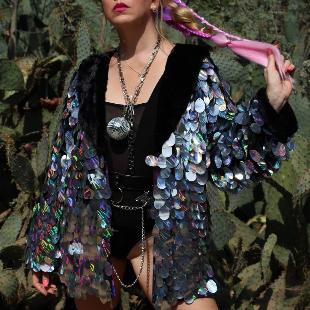Disco Dreams Silver Iridescent Jumbo Sequin Jacket w/ Faux Fur Collar & Velvet Lining