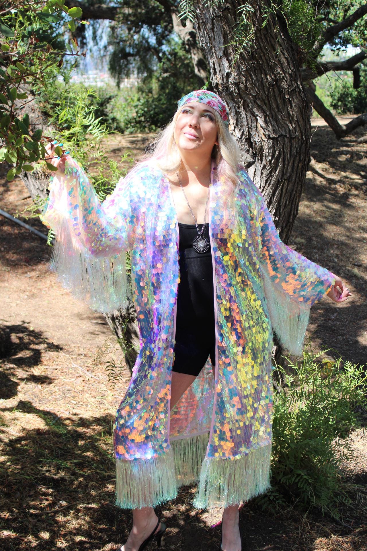 Iridescent Reflective Sequin Kimono w/ Fringe