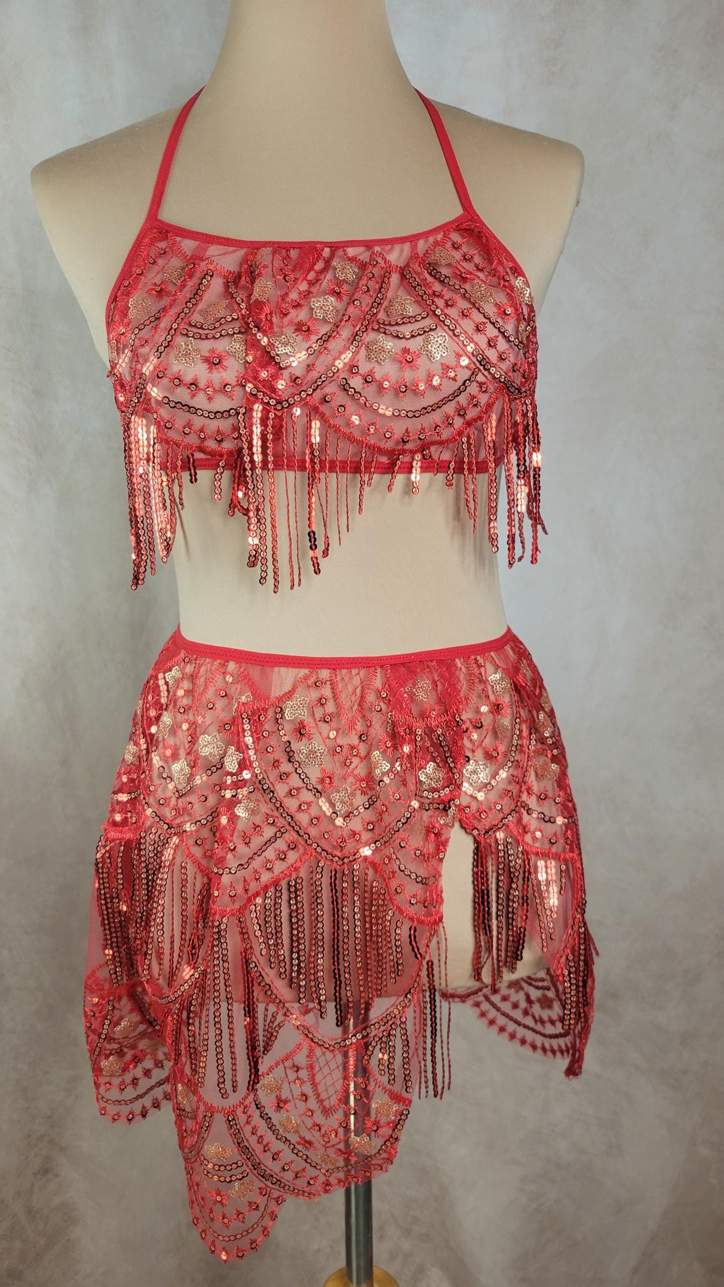 A GODDESS PHOENIX RISING Red Sequin Embroidery Set - Top and Skirt