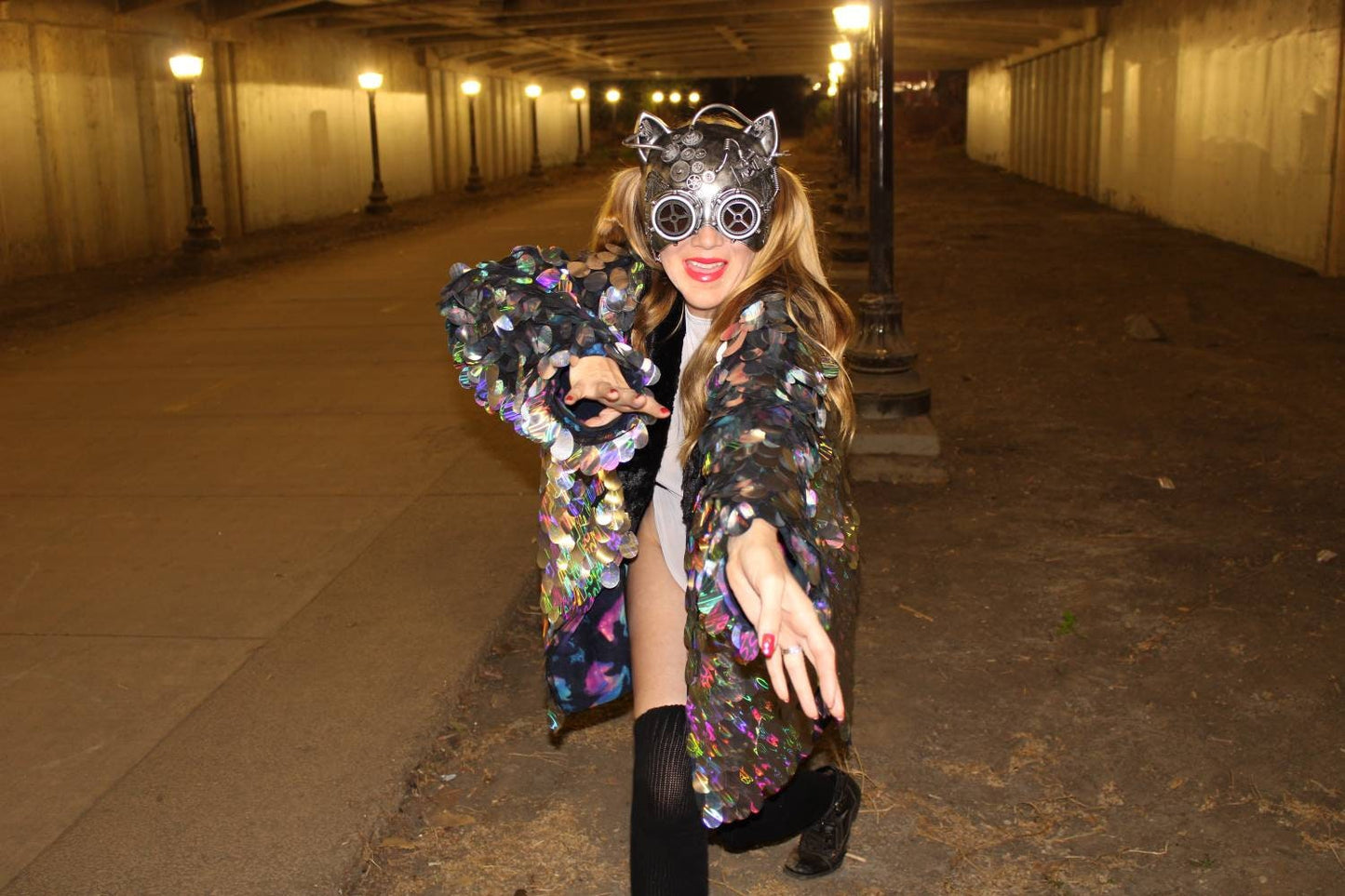 Disco Dreams Silver Iridescent Jumbo Sequin Jacket w/ Faux Fur Collar & Velvet Lining