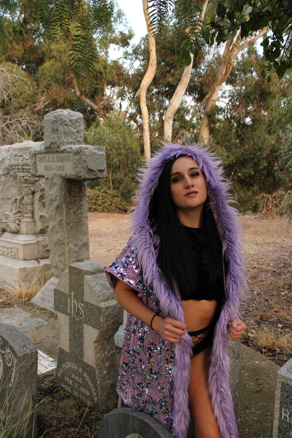 Purple Haze Hooded Sequin Duster w/ Velvet Faux Fur Trim Jacket