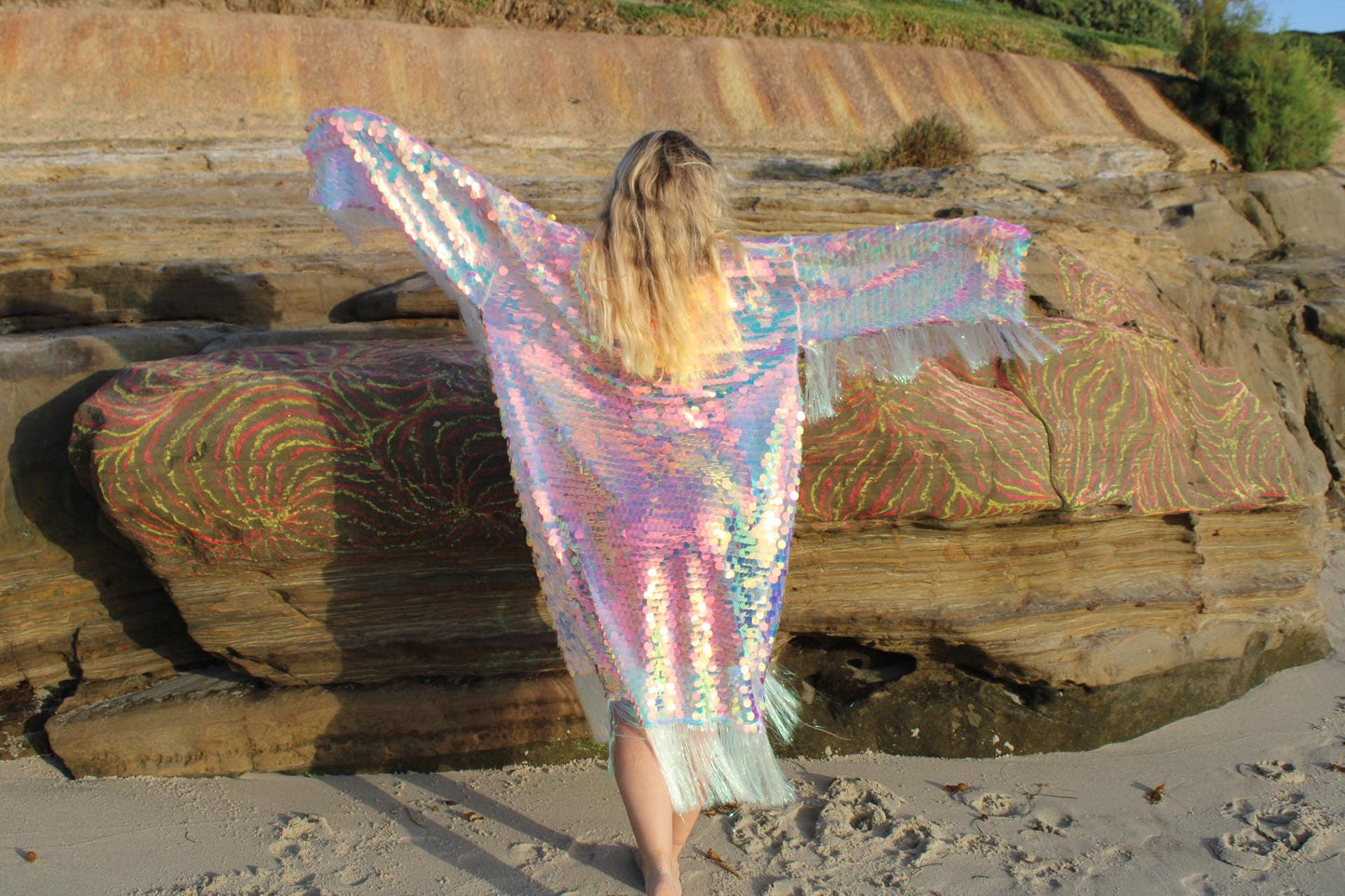 Iridescent Reflective Sequin Kimono w/ Fringe