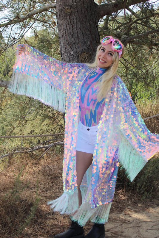 Iridescent Reflective Sequin Kimono w/ Fringe