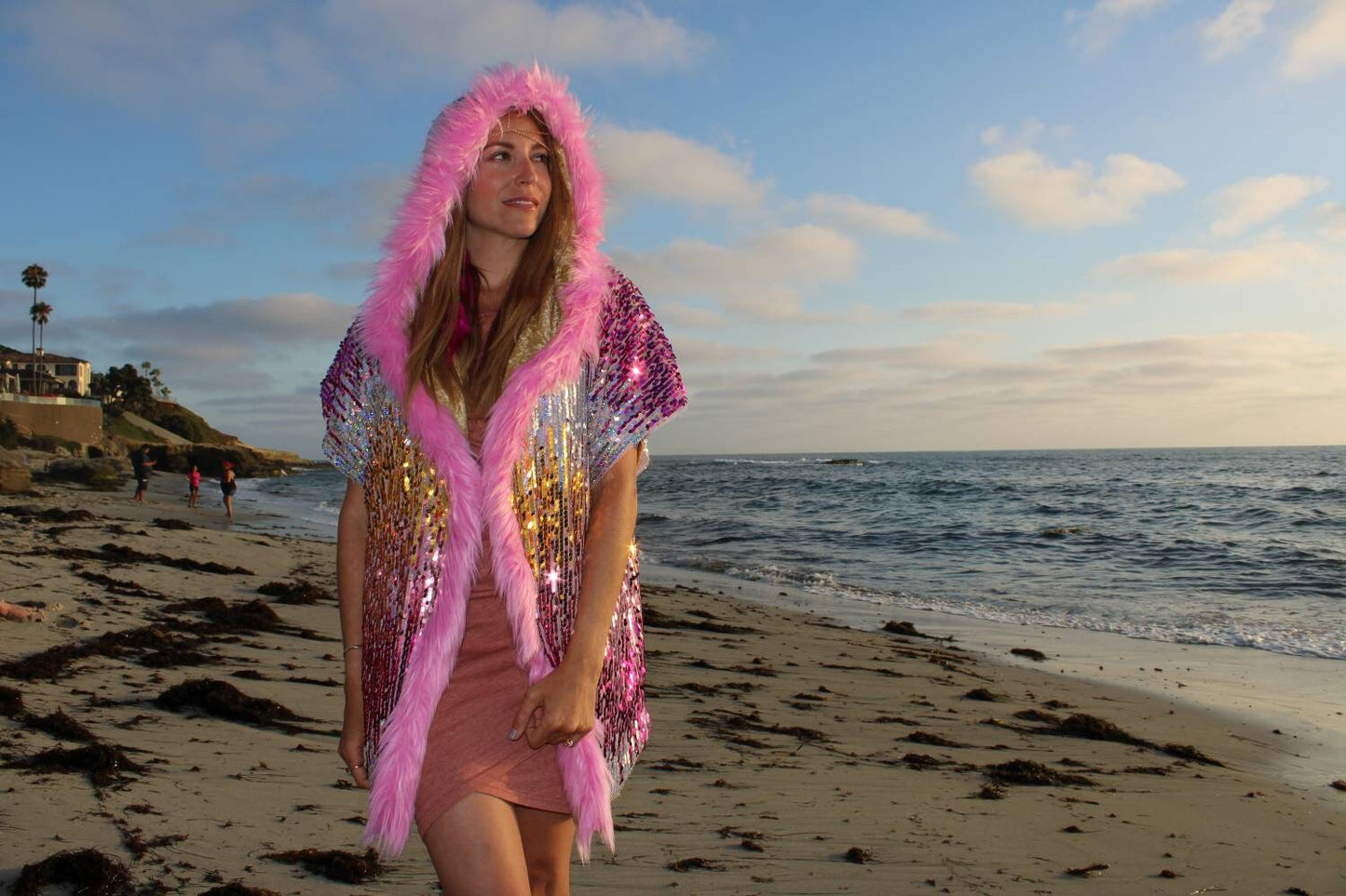 Pink and Gold Spacedust Sequin Hooded Duster lined with Velvet and Faux Fur Trim