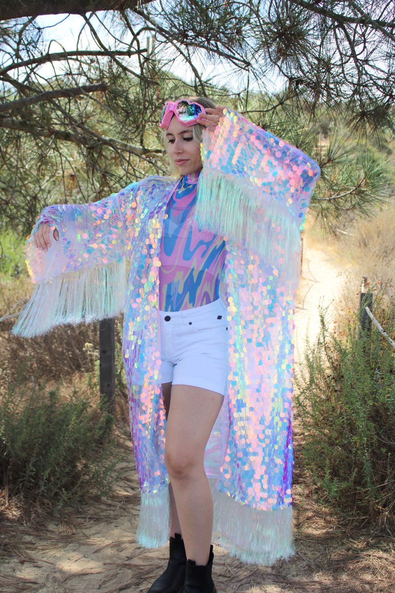 Iridescent Reflective Sequin Kimono w/ Fringe
