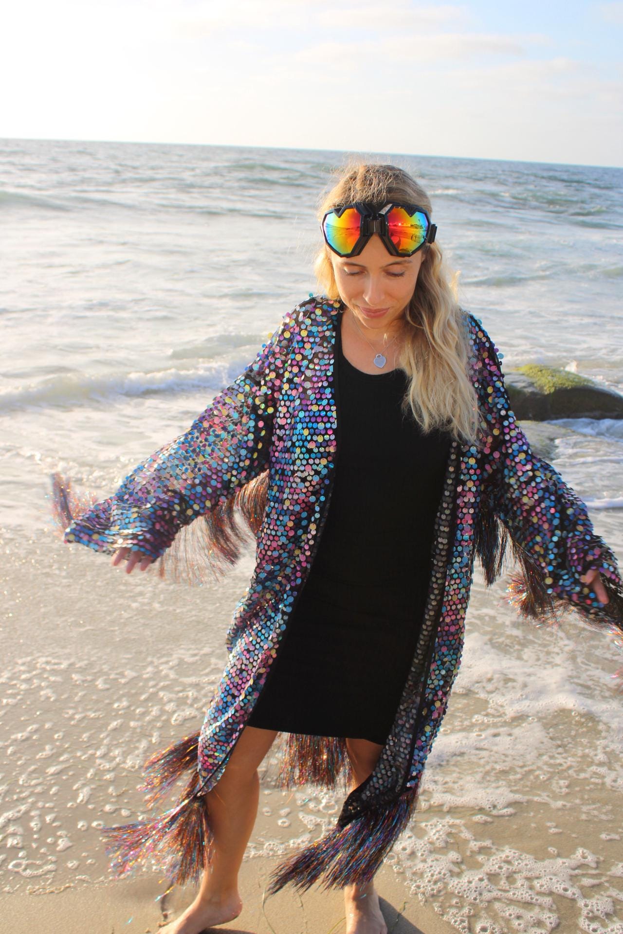 Multi-Color Reflective Sequin Kimono w/ Fringe