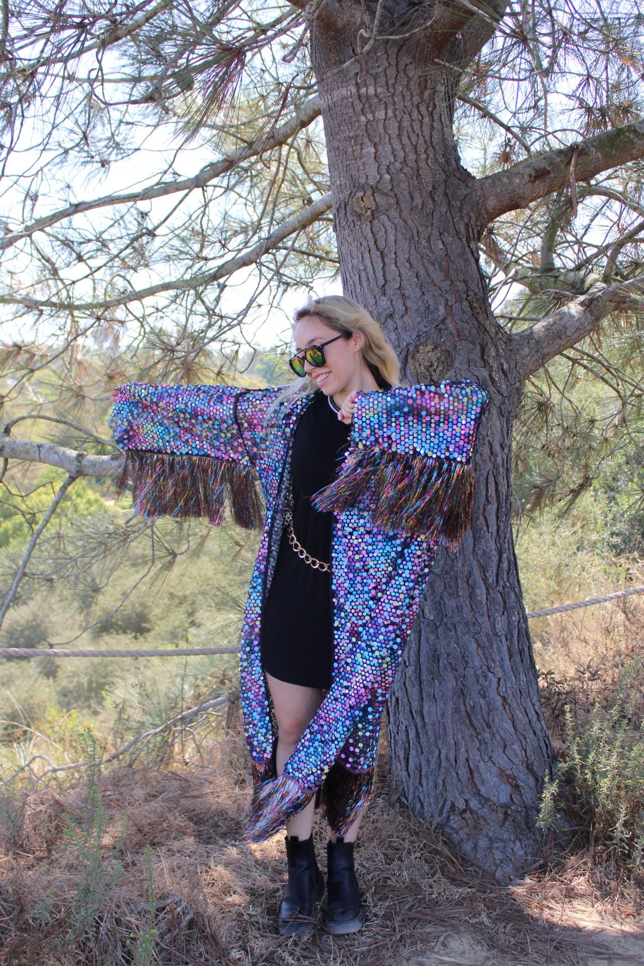 Multi-Color Reflective Sequin Kimono w/ Fringe
