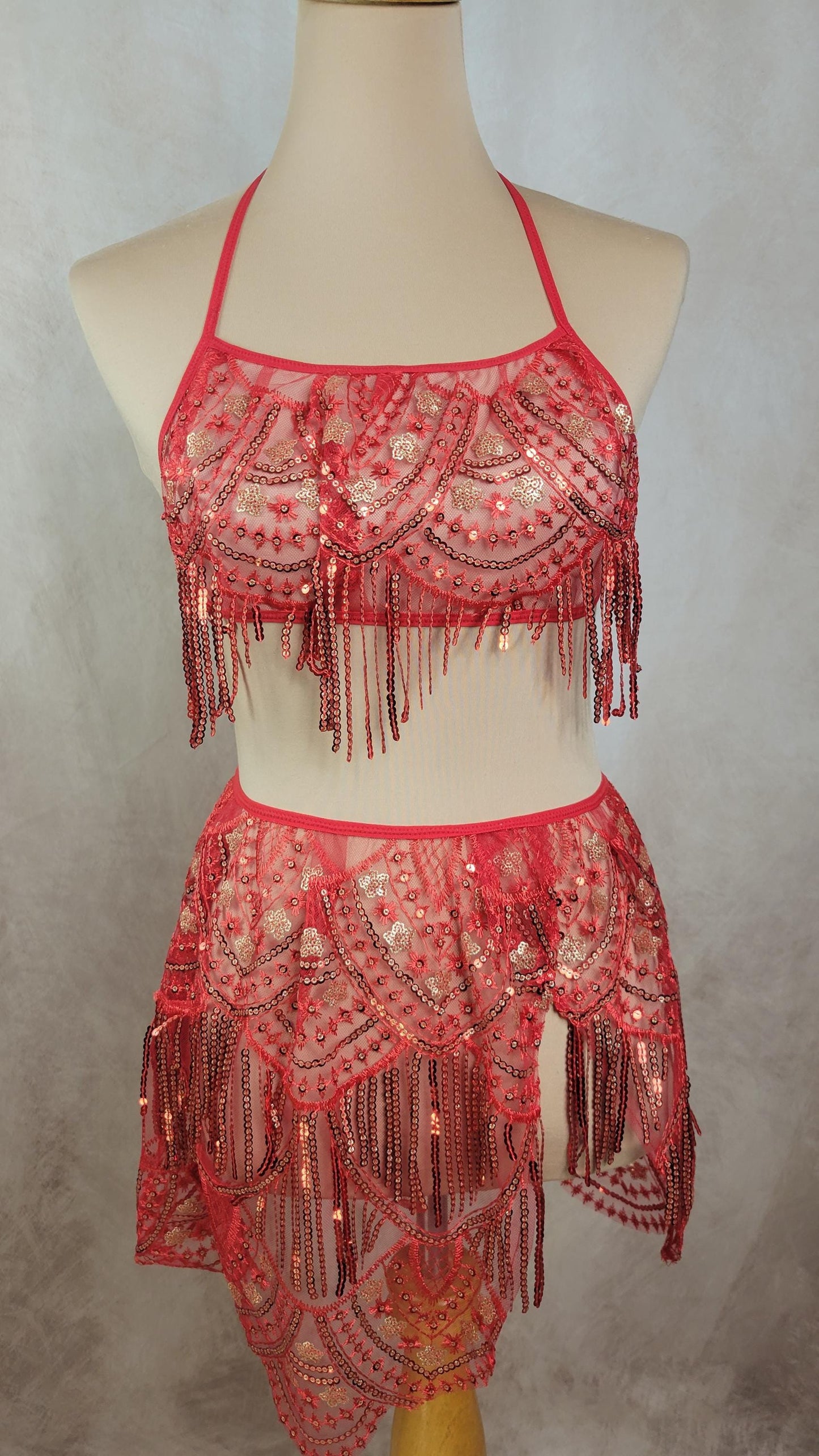 A GODDESS PHOENIX RISING Red Sequin Embroidery Set - Top and Skirt