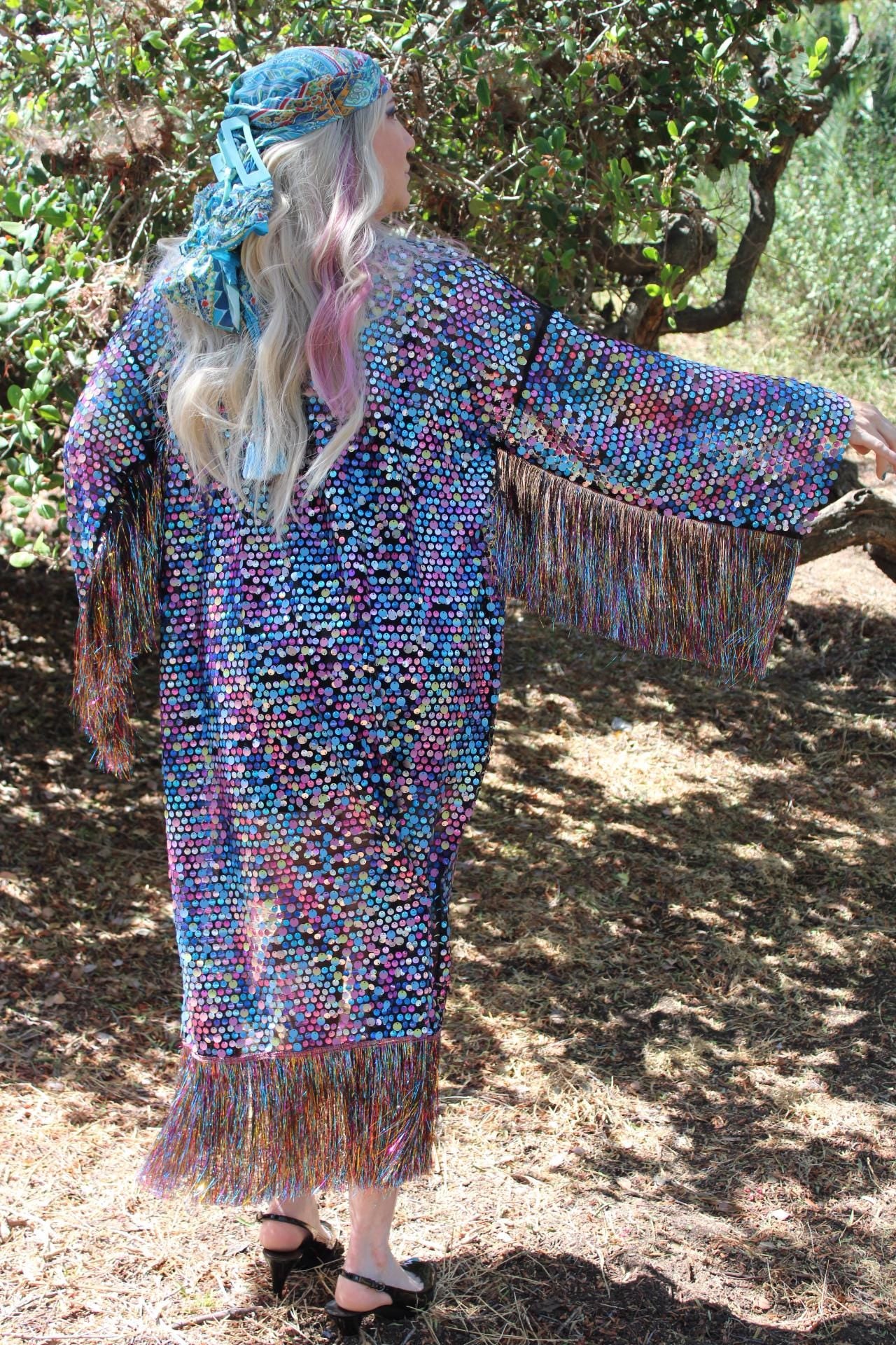 Multi-Color Reflective Sequin Kimono w/ Fringe