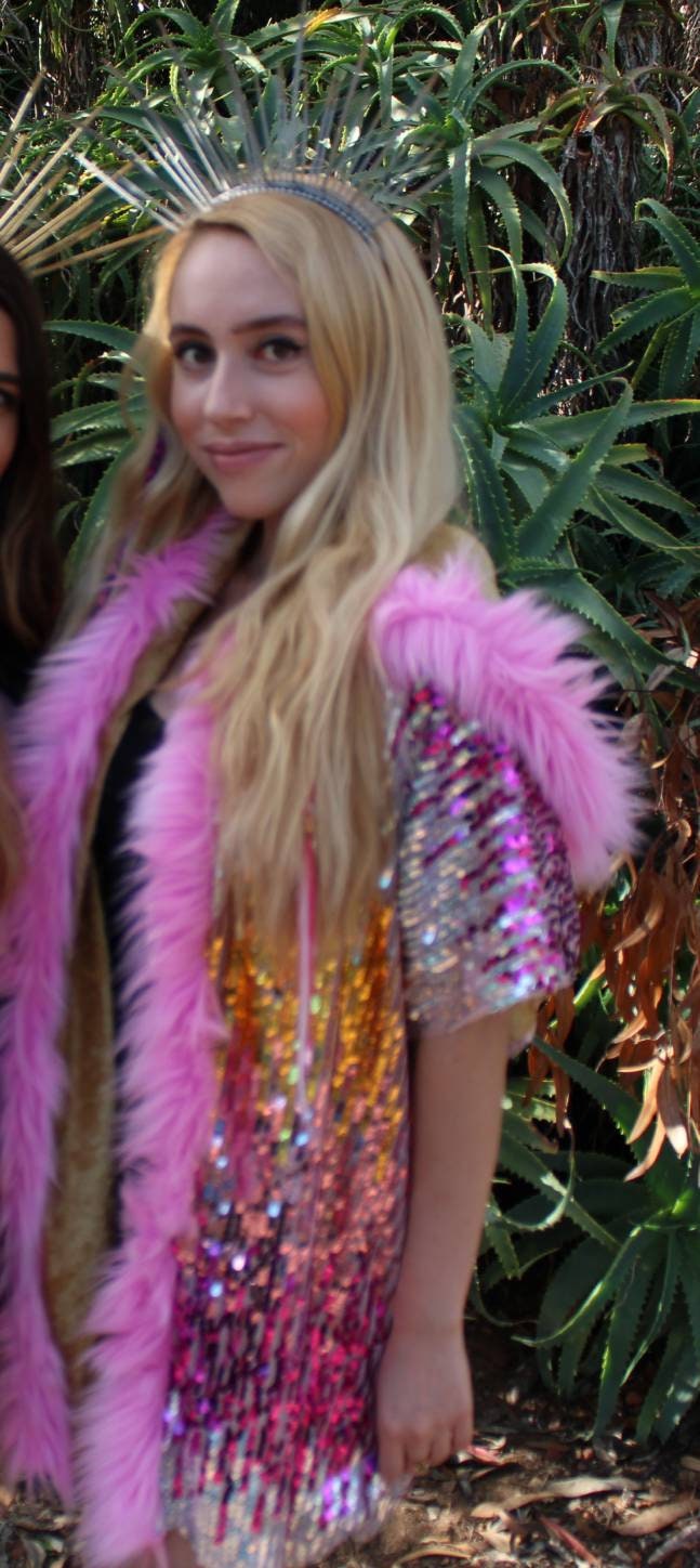 Pink and Gold Spacedust Sequin Hooded Duster lined with Velvet and Faux Fur Trim