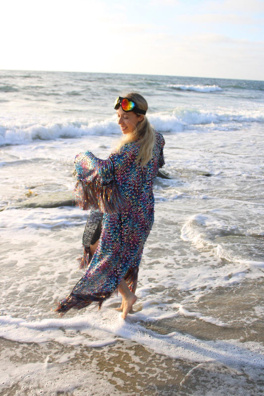Multi-Color Reflective Sequin Kimono w/ Fringe