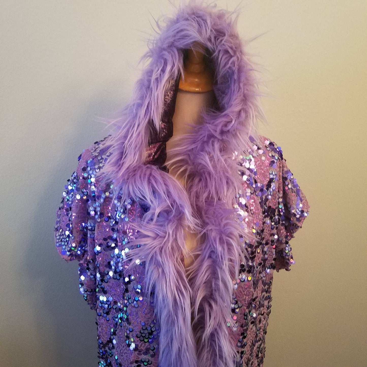 Pink and Gold Spacedust Sequin Hooded Duster lined with Velvet and Faux Fur Trim