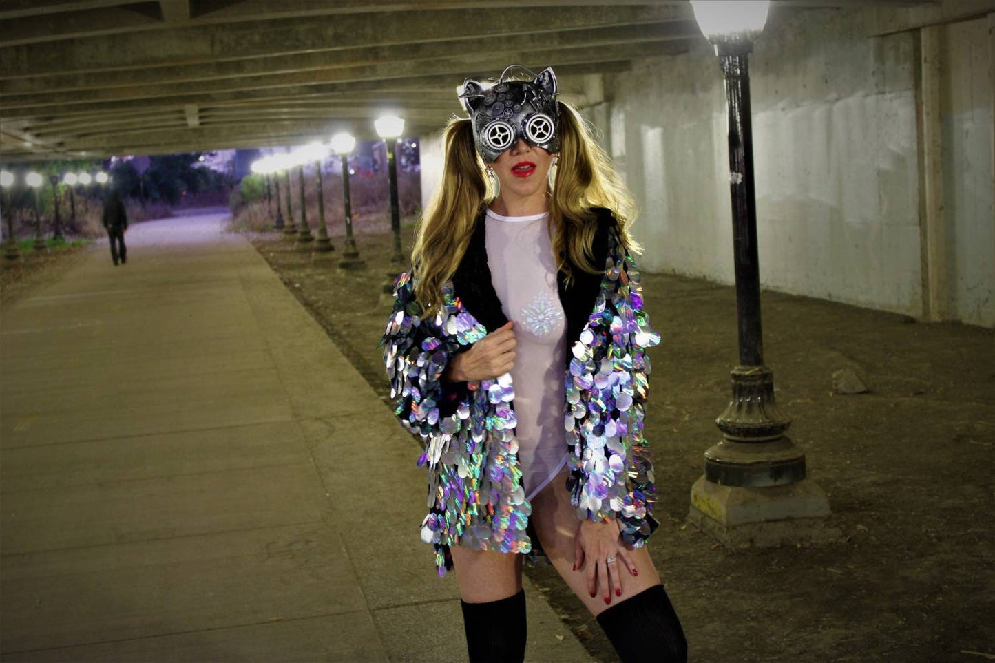 Disco Dreams Silver Iridescent Jumbo Sequin Jacket w/ Faux Fur Collar & Velvet Lining