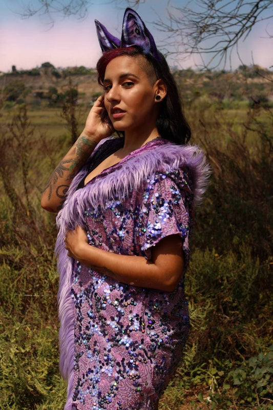 Purple Haze Hooded Sequin Duster w/ Velvet Faux Fur Trim Jacket