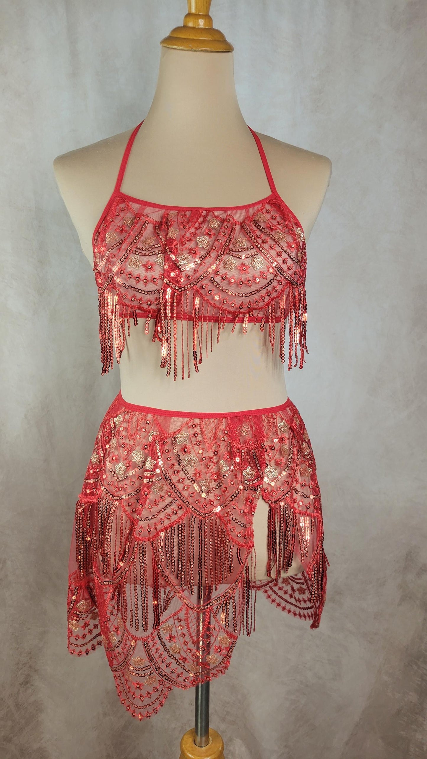 A GODDESS PHOENIX RISING Red Sequin Embroidery Set - Top and Skirt
