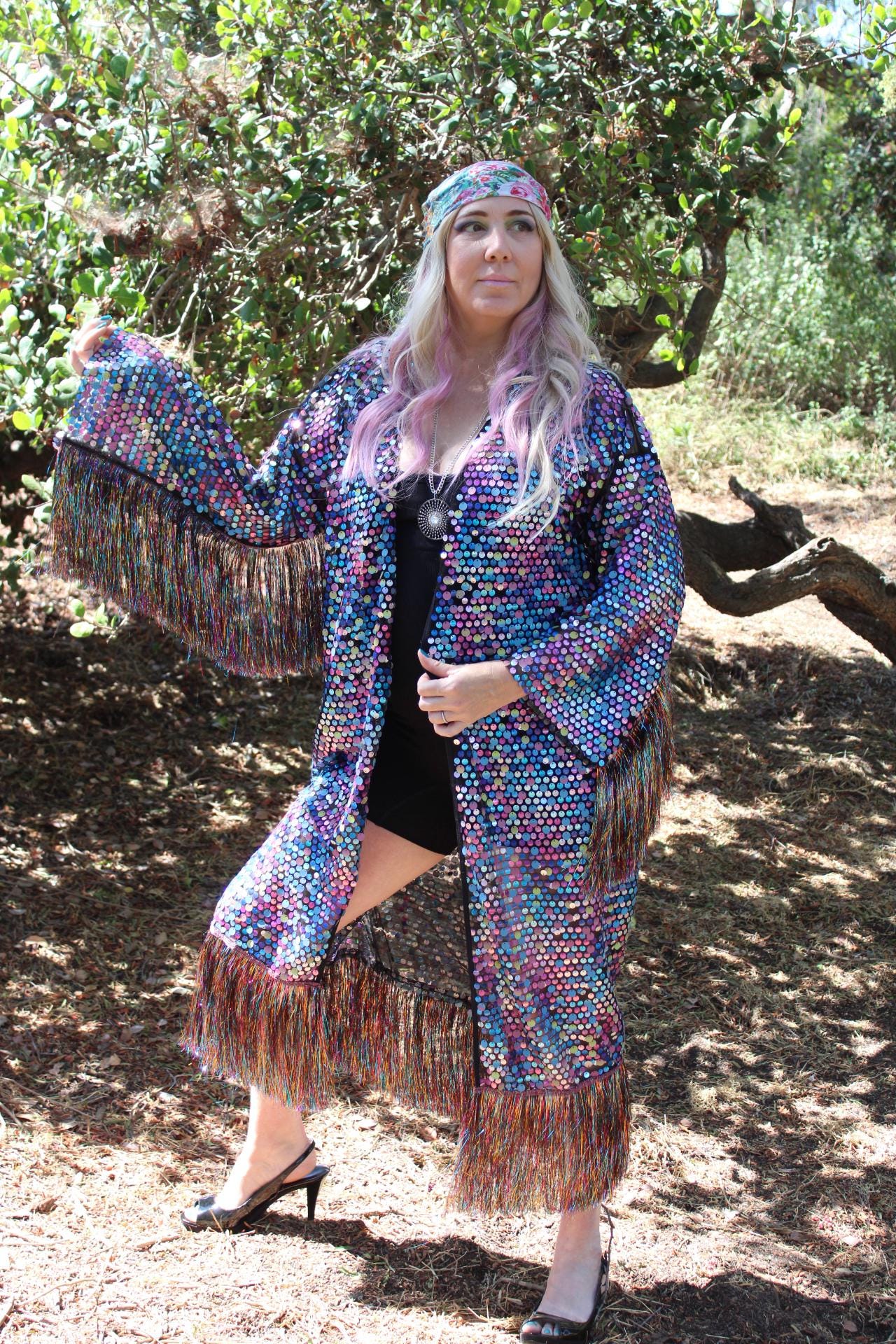 Multi-Color Reflective Sequin Kimono w/ Fringe