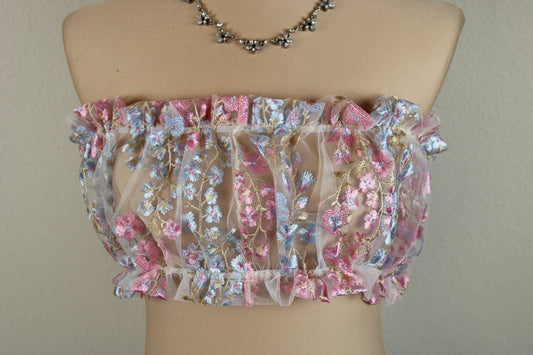 Ruffled Bandeau Top - Blue Embroidered Flowers